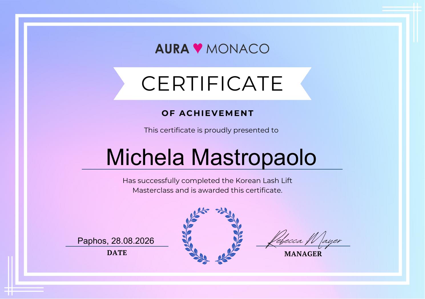 Certificate of Achievement — Korean Lash Lift Masterclass, Paphos 28 agosto 2026, rilasciato a Michela Mastropaolo
